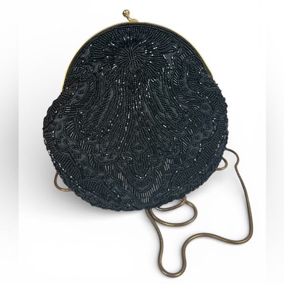 Handbags - Vintage Black Silk Beaded Kiss Lock Clutch Purse